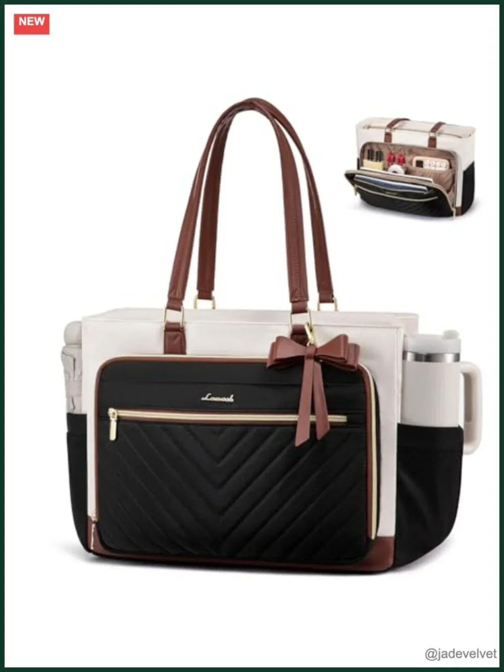Quilted Laptop Tote Bag with Large Cup Holder, Work/Teacher Nurse Purse